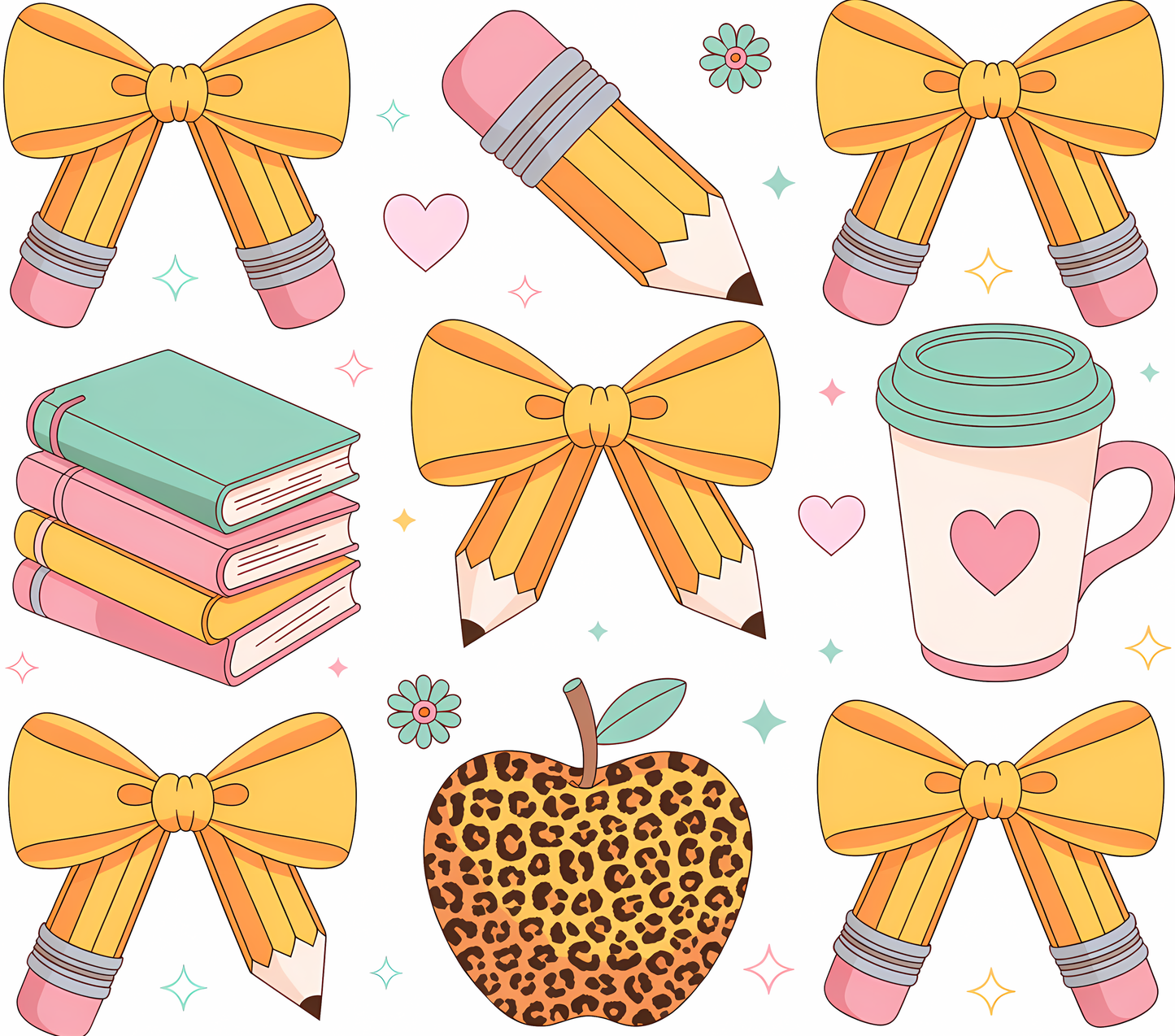 Illustrations of bows, pencils, books, a cup with a heart, and an apple on a white background.