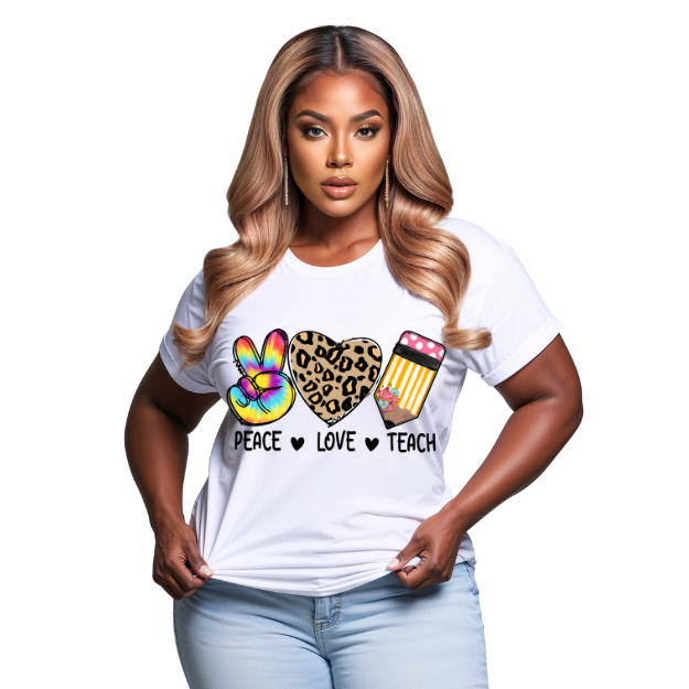 Woman wearing a white t-shirt with peace, love, teach design on a white background