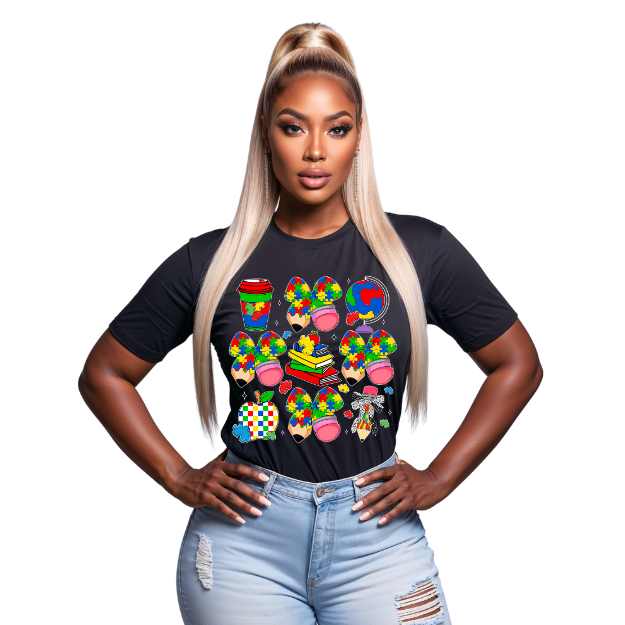 Woman wearing a black t-shirt with colorful graphic design on a white background