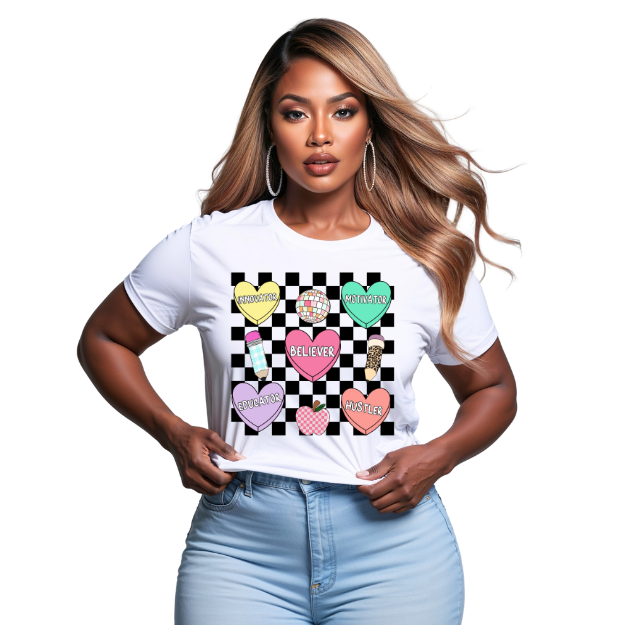 Woman wearing a white t-shirt with colorful graphic design on a white background