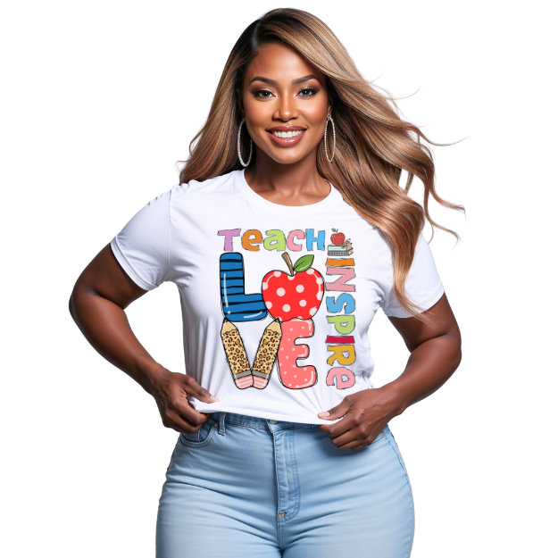 Woman wearing a white t-shirt with 'Teach Love Inspire' design on a white background