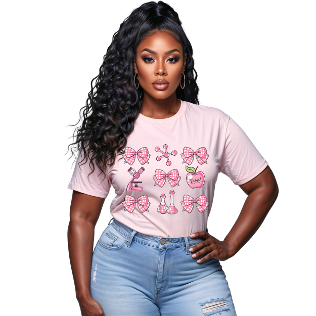 Woman wearing a pink t-shirt with graphic designs on a white background