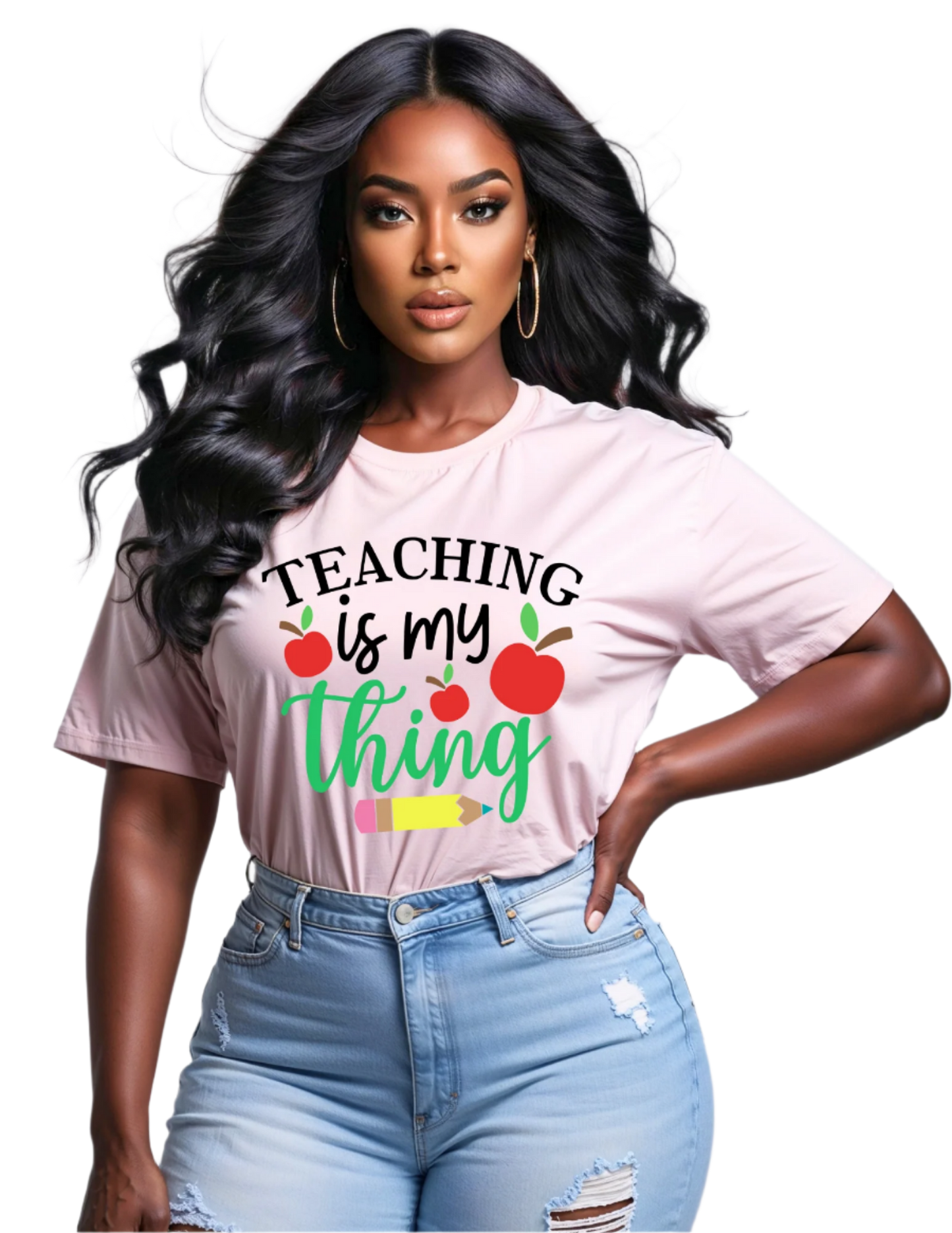 Woman wearing a pink t-shirt with 'Teaching is my thing' text and graphics on a gray background