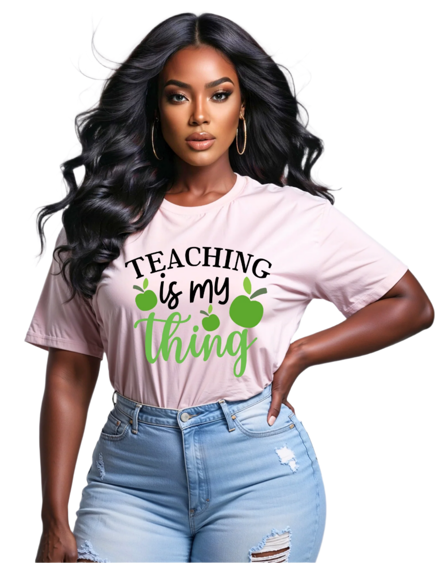 Woman wearing a pink t-shirt with 'Teaching is my thing' text and green graphics on a gray background