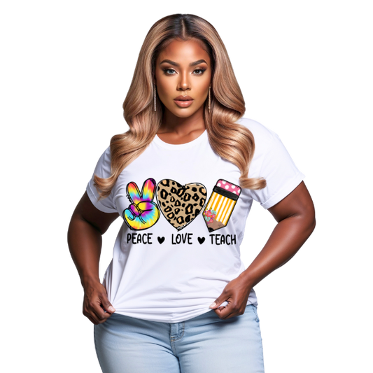 Woman wearing a white t-shirt with peace, love, teach design on a white background