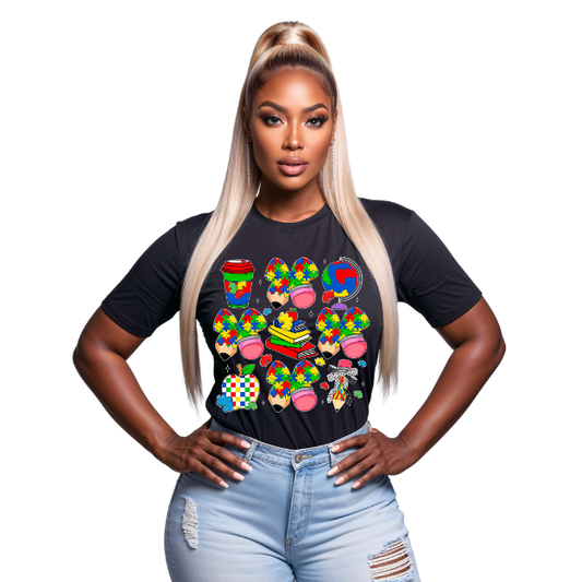 Woman wearing a black t-shirt with colorful graphic design on a white background