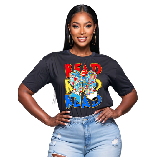Woman wearing a black t-shirt with colorful text and graphics on a white background