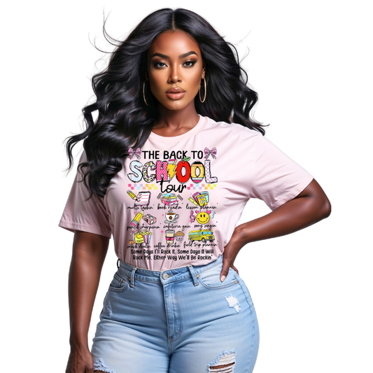 Woman wearing a pink 'Back to School' themed t-shirt with colorful graphics on a white background