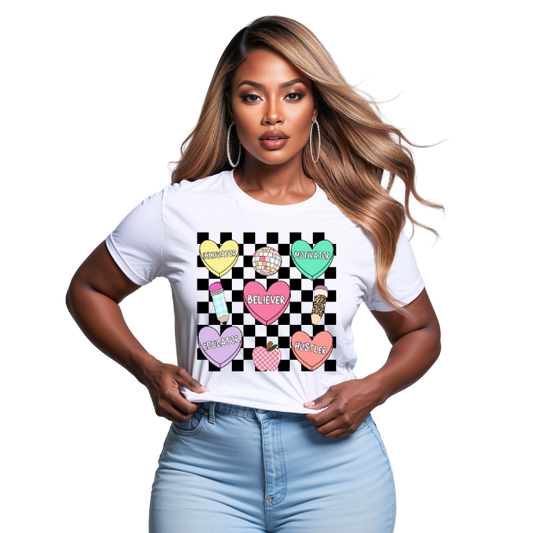 Woman wearing a white t-shirt with colorful graphic design on a white background