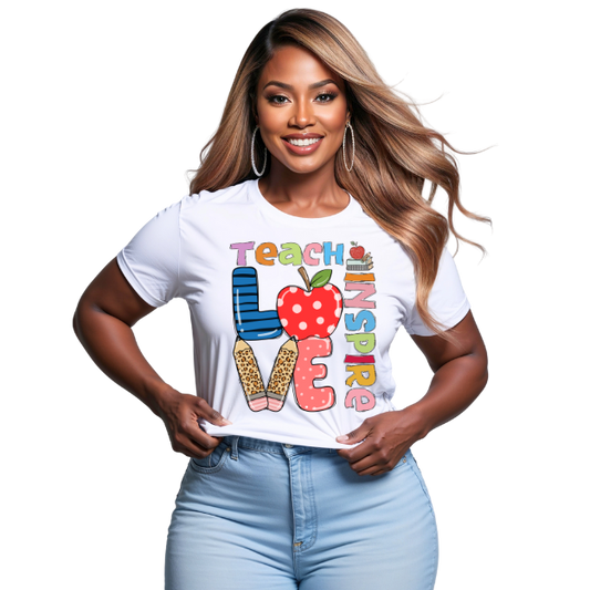 Woman wearing a white t-shirt with 'Teach Love Inspire' design on a white background