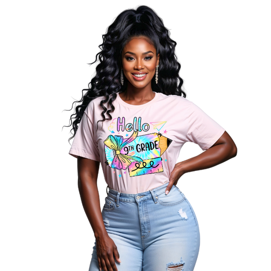 Woman wearing a pink t-shirt with 'Hello 9th Grade' design on a white background