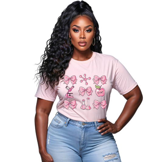 Woman wearing a pink t-shirt with graphic designs on a white background