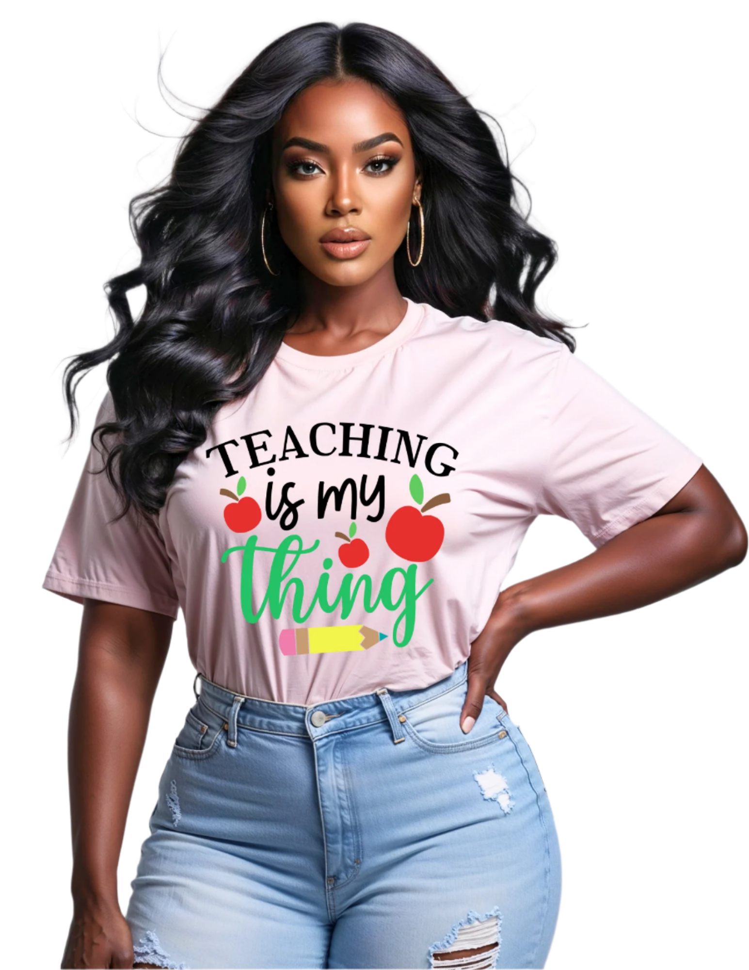 Woman wearing a pink t-shirt with 'Teaching is my thing' text and graphics on a gray background