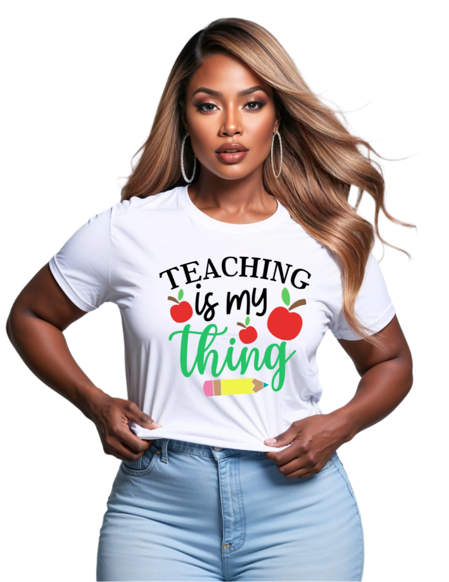 Woman wearing a white t-shirt with 'Teaching is my thing' text and graphics on a gray background