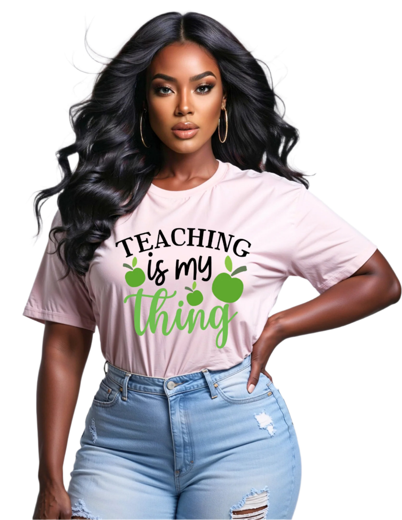 Woman wearing a pink t-shirt with 'Teaching is my thing' text and green graphics on a gray background